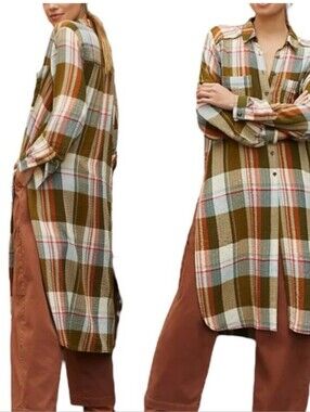 PILCRO x ANTHROPOLOGIE Side Slit Maxi Plaid Tunic Button Down Shirt